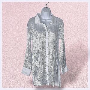 NWT Free People White Collared Top Satin Crinkle Button Up Blouse Stretch M (L)